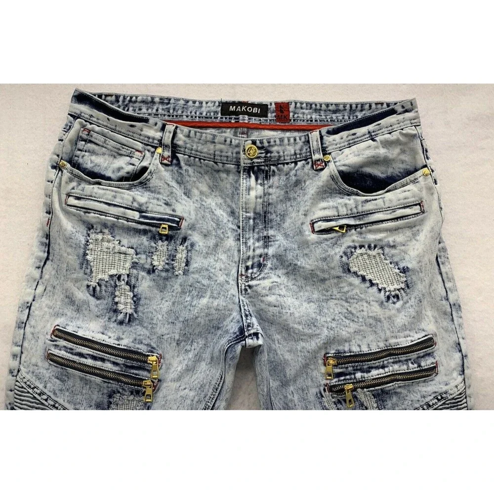 Makobi Denim Jeans Men's 40X32 Stonewash Moto Biker Factory Distressed Destroyed